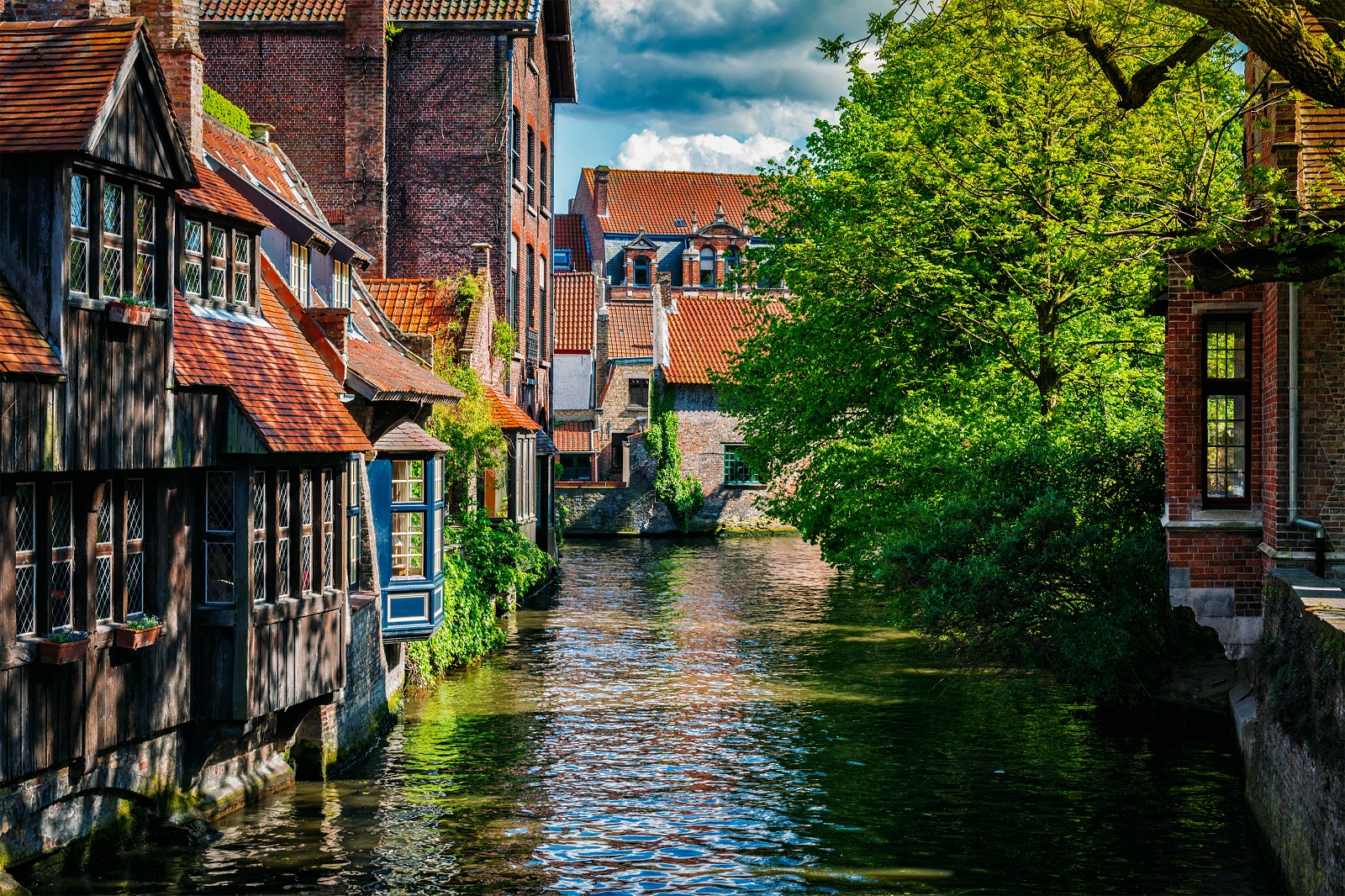 Europe travel background - canal and medieval houses. Bruges (Brugge), Belgium